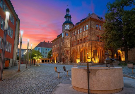 Stadt Nordhausen Rathaus sunset city hall with Roland figure in Thuringia Germany