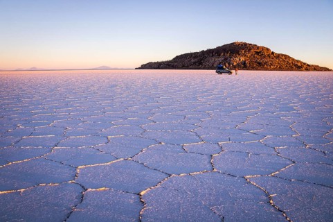 Salar Uyuni, BOLIVIA in September 2015: The sun rises over worlds largest salt lake Salar de Uyuni.