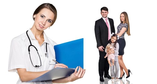 Beautiful female doctor with family patients on isolated background