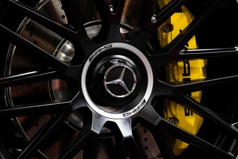 Sofia, Bulgaria - 3 June, 2022: Close-up of Mercedes-Benz logo is seen on a wheel of a car with