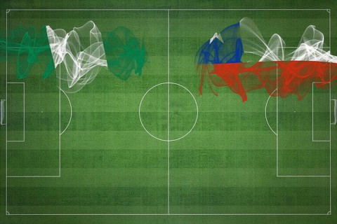 Nigeria vs Chile Soccer Match, national colors, national flags, soccer field, football game,