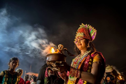 Woman dress as Hindu Goddess Durga, Tamil Nadu, India, Asia