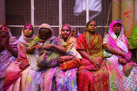 Widows celebrating Holi festival, Gopinath temple, Uttar Pradesh, India, Asia