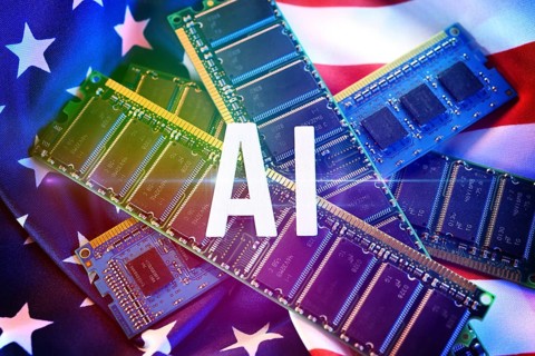 AI lettering on computer chips and USA flag, symbolic photo for the American AI project Stargate