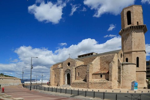 Saint Laurent church above the harbour entrance to the Vieux Port, Marseille, Bouches du Rhone