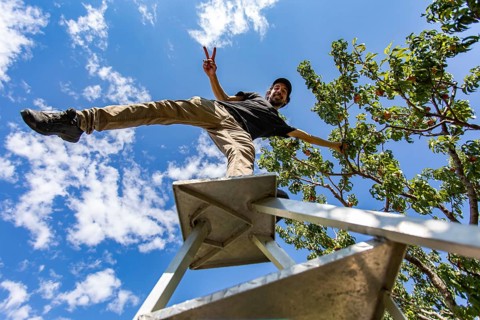 Low angle view of a happy caucasian man on the top of a ladder standing on one leg. as he enjoying