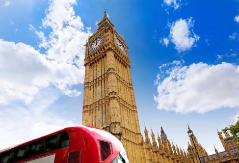 Big Ben Clock tower and London Bus in UK Thames river