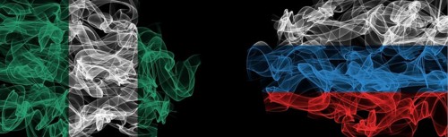 Flags of Nigeria and Russia on Black background, Nigeria vs Russia Smoke Flags