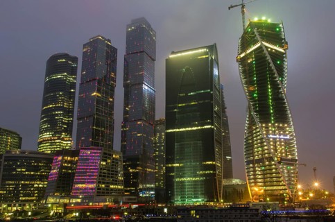MOSCOW, RUSSIA, JANUARY 07: Night view on office buildings in Moscow City downtown on January 07,