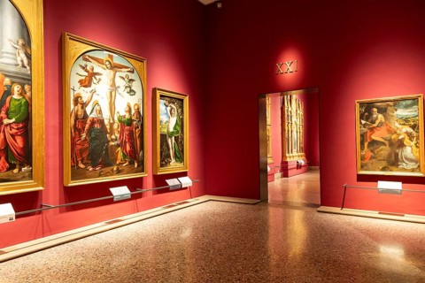 Milan, Italy, 23 September 2023: Brera antique painting museum interior. Vintage art exibition,