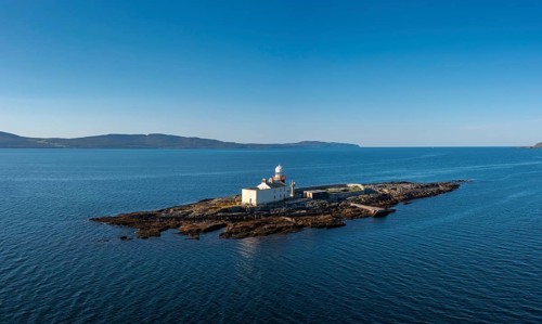 Aerial view of the Roancarrigmore Island Lighthouse in Bantry Bay in County Cork