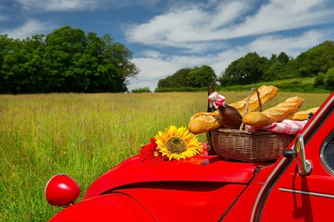 Typical French car with bread and wine for picnic