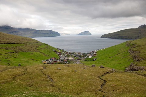 Kvivik on the Faroe Islands with the island Koltur in the background, Kvivik, Faroe Islands, Europe