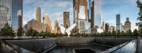 NEW YORK, USA, AUGUST 25, 2019: Iconic One World Trade Center memorial in downtown Manhattan, USA,