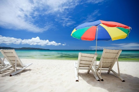 Beach with parasol and deckchair, Boracay, Philippines, Boracay, Philippines, Asia