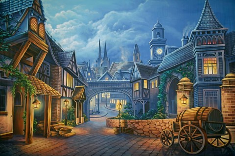 Theatre backdrop featuring a street scene in Victorian-era London