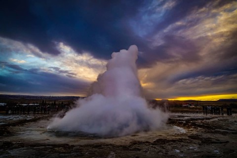Geysir geyser and sunrise Iceland. Shooting Location: Iceland, Reykjavik