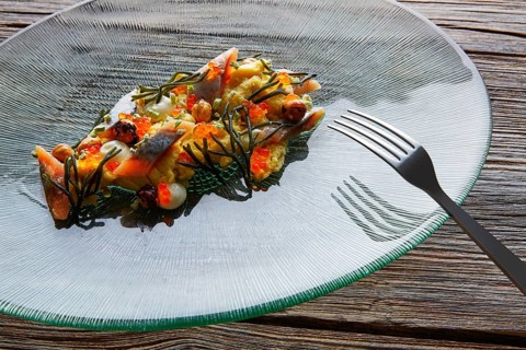 Smoked sardines salad with creamy cheese corn codium and hazelnuts