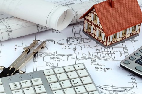 An architect's plan for the construction of a new home. Symbolic photo for financing and planning a