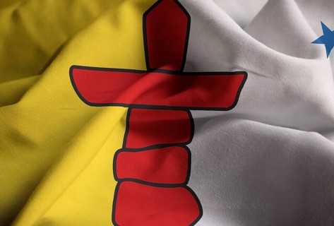 Closeup of Ruffled Nunavut Flag, Nunavut Flag Blowing in Wind