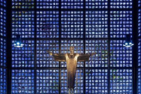 Berlin, Germany, July 30, 2019: Interior view of Kaiser Wilhelm Memorial Church in Berlin.