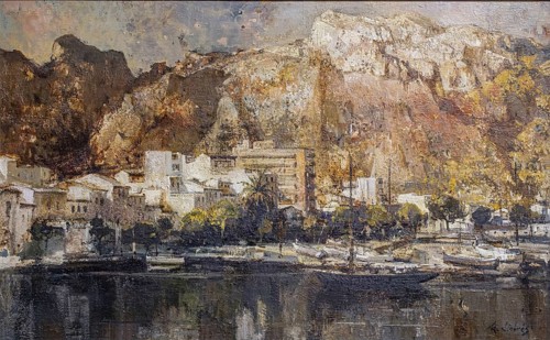Sunset in Puerto de Pollensa, Miquel Llabres, 1968, oil on canvas, pollensa museum, Majorca,