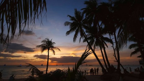 Silhouetted people and palms near sea. Sunset at tropical White beach, Boracay island, Philippines,