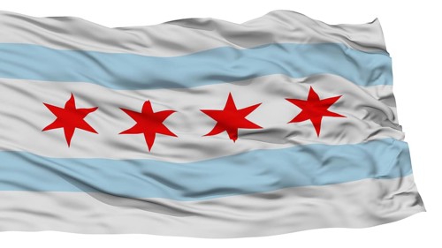 Isolated Chicago City Flag, City of Illinois State, Waving on White Background, High Resolution