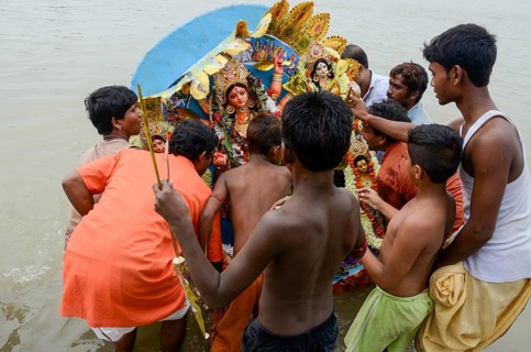 Goddess durga idol immersion at Hooghly river, Kolkata, West Bengal, India, Asia
