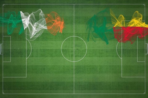 Ireland vs Benin Soccer Match, national colors, national flags, soccer field, football game,