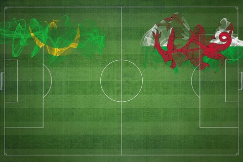 Mauritania vs Wales Soccer Match, national colors, national flags, soccer field, football game,