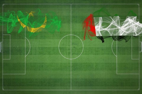 Mauritania vs United Arab Emirates Soccer Match, national colors, national flags, soccer field,