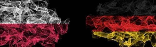 Flags of Poland and Germany on Black background, Poland vs Germany Smoke Flags
