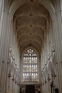 Interior view, ceiling, stained glass window, Bath Abbey, Bath, England, Great Britain