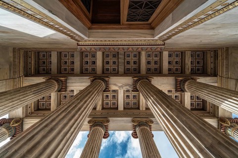 Athens Old Town, Attica, Greece, 12 28 2019 View over the pilars and ceiling at the entrance of the