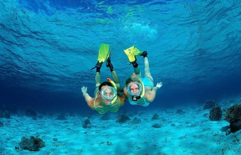 Two woman snorkelling, Indian Ocean, Maldives, Asia