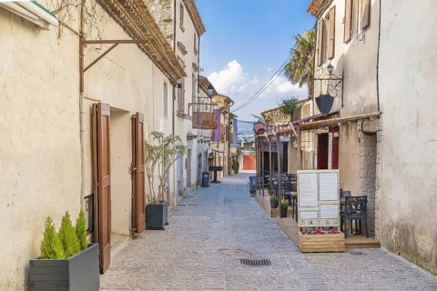 Street in Cite de Carcassonne historic center, France, Europe