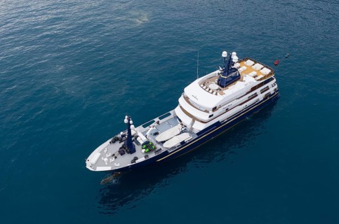 Aerial view 63 metre long motor yacht FORCE BLUE from the Danish shipyard Royal Denship, owned by