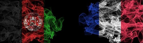 Flags of Afghanistan and France on black background, Afghanistan vs France smoke flags