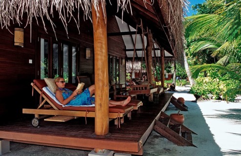 Terrace of beach bungalow, Maldives, Indian Ocean, Medhufushi, Meemu Atoll, Asia