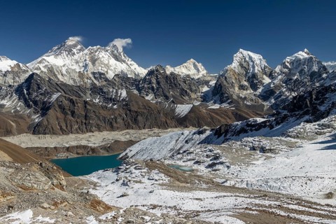 View from Renjo La, the mountain pass in Khumbu, the Everest Region, photographed on a clear, blue