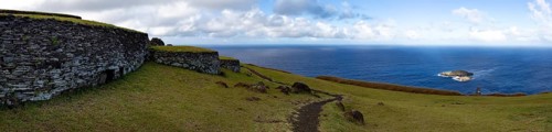 Easter Island, Rapa Nui. Ceremonial Orongo Villadge on Rano Kau volcano