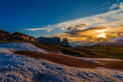 Panoramic view of Mount Sciliar from Alpe di Siusi in the Dolomites in South Tyrol, Italy, Europe