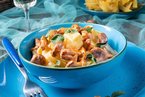 Pappardelle with cheese sauce and fresh chanterelles