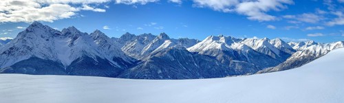 Motta Naluns ski area, view of the Lower Engadine towards the Upper Engadine, Scuol, Engadine,
