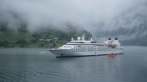 Cruise ship in the fog. Geirangerfjord, Norway, Europe