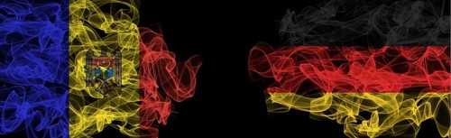 Flags of Moldova and Germany on Black background, Moldova vs Germany Smoke Flags