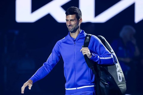 MELBOURNE, AUSTRALIA, JANUARY 11: Novak Djokovic of Serbia and Stefanos Tsitsipas of Greece playt