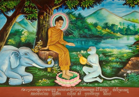 Buddha Mural at Wat Preah Prom Rath, Siem Reap, Cambodia, Asia