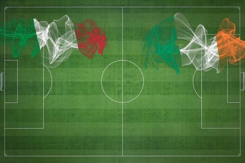 Italy vs Ireland Soccer Match, national colors, national flags, soccer field, football game,